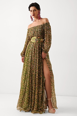 Avocado Green Chiffon Printed Maxi Dress With Belt by Pallavi Jaipur