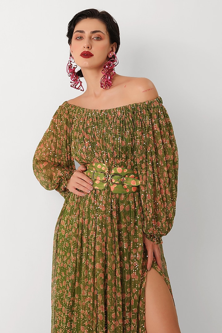 Avocado Green Chiffon Printed Maxi Vacation Dress With Belt by Pallavi Jaipur at Pernia's Pop Up Shop
