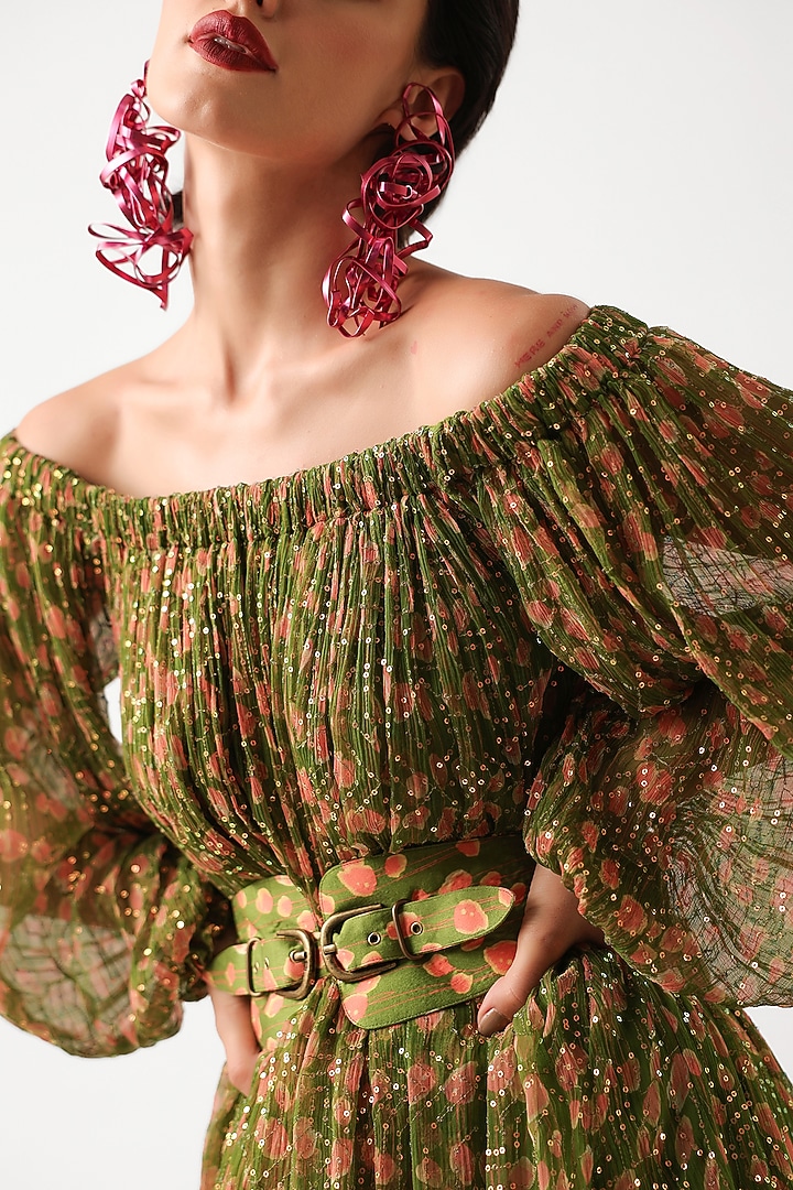 Avocado Green Chiffon Printed Maxi Vacation Dress With Belt by Pallavi Jaipur at Pernia's Pop Up Shop