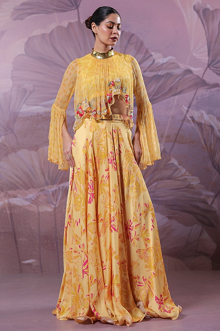 Butter Yellow Chiffon Printed Skirt Set by Pallavi Jaipur at Pernia's Pop Up Shop