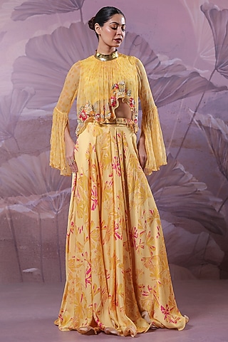 Butter Yellow Chiffon Printed Skirt Set by Pallavi Jaipur