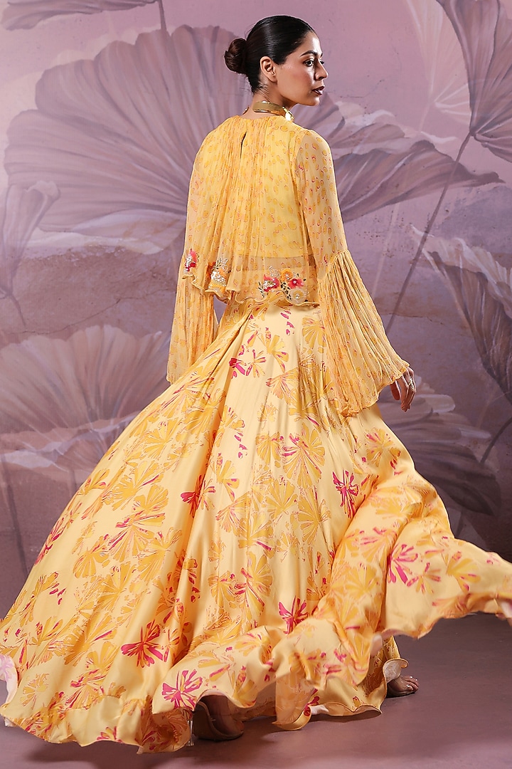 Butter Yellow Chiffon Printed Skirt Set by Pallavi Jaipur at Pernia's Pop Up Shop