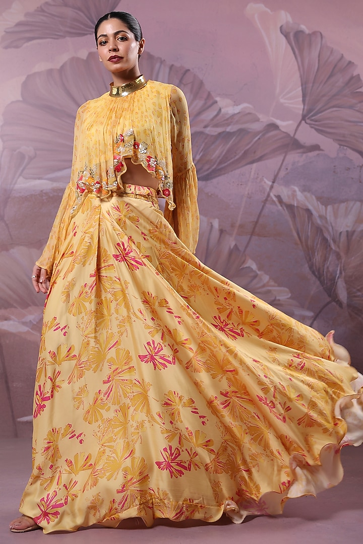 Butter Yellow Chiffon Printed Skirt Set by Pallavi Jaipur at Pernia's Pop Up Shop