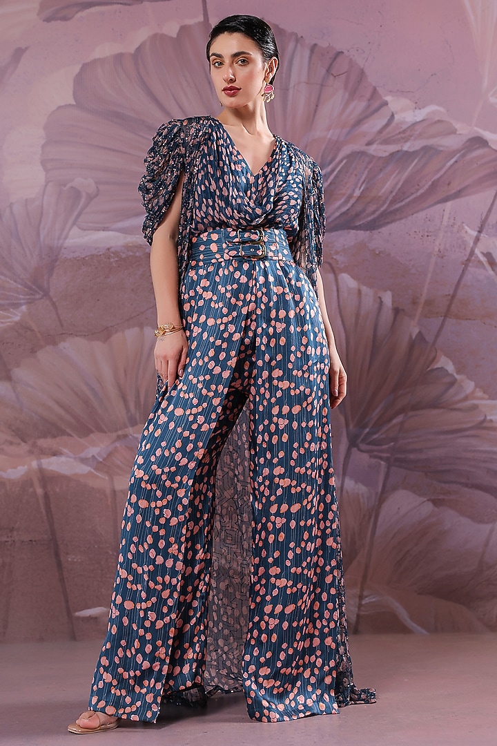 Persian Blue Silk Blend Printed Cowl Jumpsuit  by Pallavi Jaipur at Pernia's Pop Up Shop