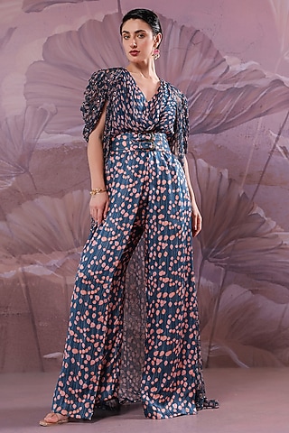 Persian Blue Silk Blend Printed Cowl Jumpsuit  by Pallavi Jaipur