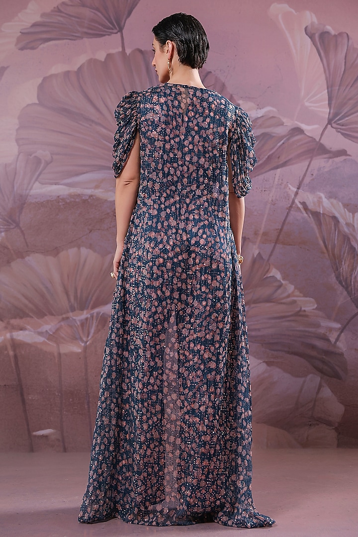 Persian Blue Silk Blend Printed Cowl Jumpsuit  by Pallavi Jaipur at Pernia's Pop Up Shop