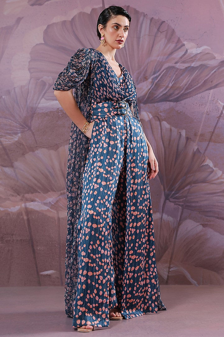 Persian Blue Silk Blend Printed Cowl Jumpsuit  by Pallavi Jaipur at Pernia's Pop Up Shop