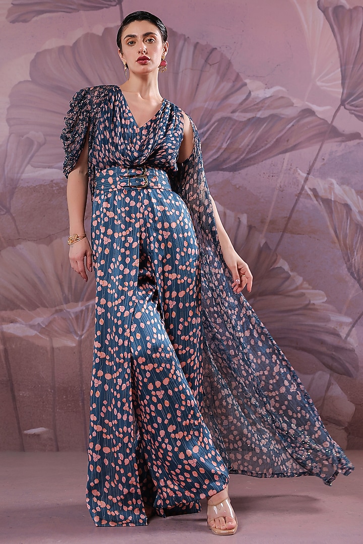 Persian Blue Silk Blend Printed Cowl Jumpsuit  by Pallavi Jaipur at Pernia's Pop Up Shop