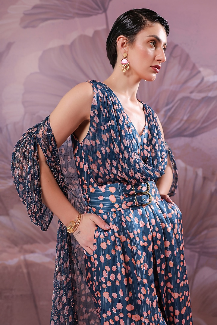 Persian Blue Silk Blend Printed Cowl Jumpsuit  by Pallavi Jaipur at Pernia's Pop Up Shop