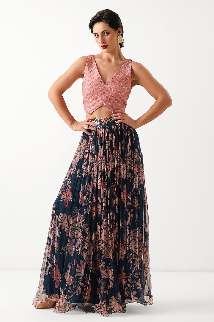 Persian Blue Chiffon Printed Skirt Set by Pallavi Jaipur at Pernia's Pop Up Shop