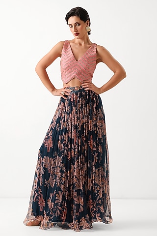 Persian Blue Chiffon Printed Skirt Set by Pallavi Jaipur
