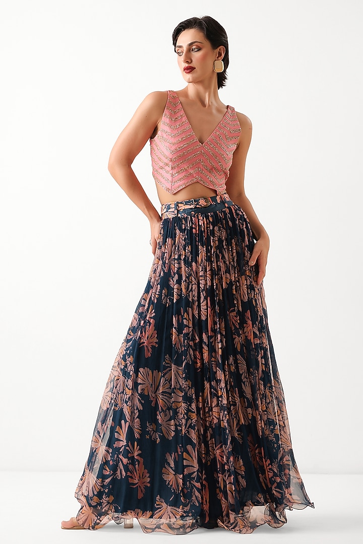 Persian Blue Chiffon Printed Skirt Set by Pallavi Jaipur at Pernia's Pop Up Shop