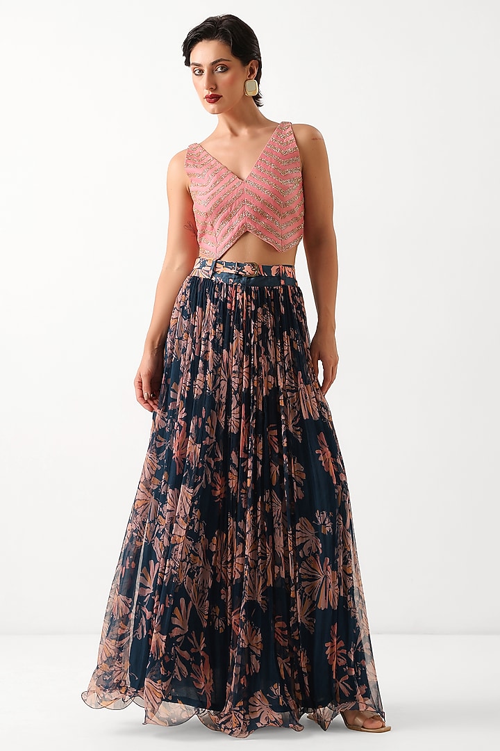 Persian Blue Chiffon Printed Skirt Set by Pallavi Jaipur at Pernia's Pop Up Shop