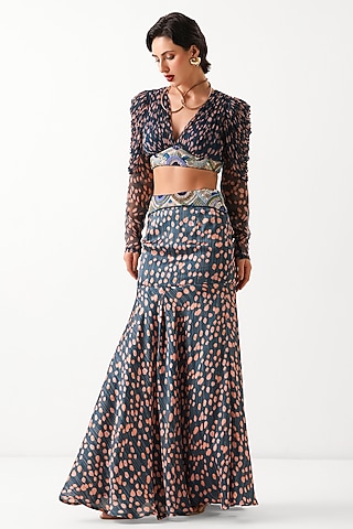 Persian Blue Chiffon Printed Mermaid Skirt Set by Pallavi Jaipur
