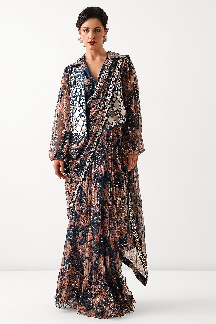 Pacific Green Chiffon Printed Pre-Pleated Wedding Saree Set by Pallavi Jaipur at Pernia's Pop Up Shop