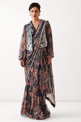 Pacific Green Chiffon Printed Pre-Pleated Saree Set by Pallavi Jaipur