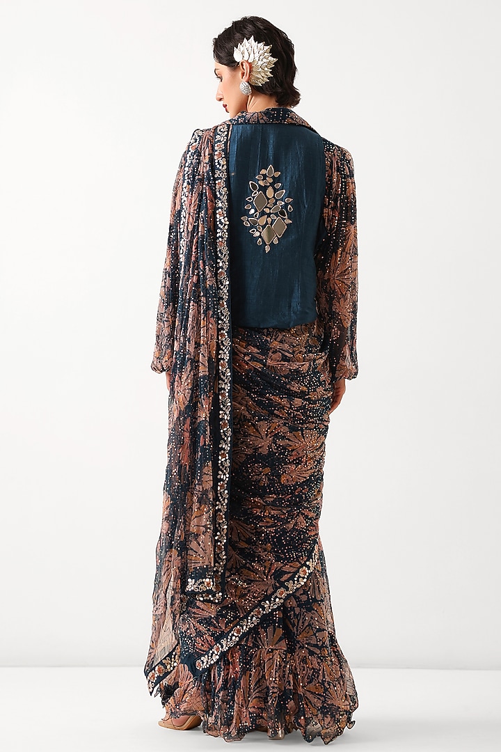 Pacific Green Chiffon Printed Pre-Pleated Wedding Saree Set by Pallavi Jaipur at Pernia's Pop Up Shop