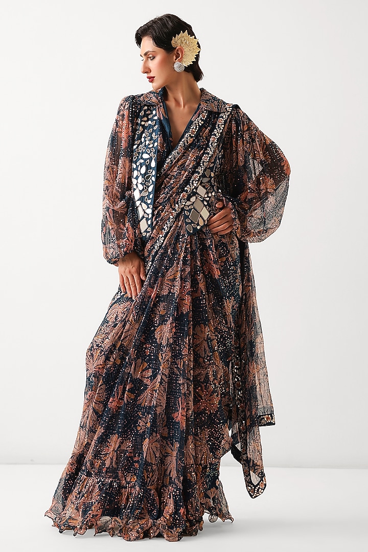 Pacific Green Chiffon Printed Pre-Pleated Wedding Saree Set by Pallavi Jaipur at Pernia's Pop Up Shop