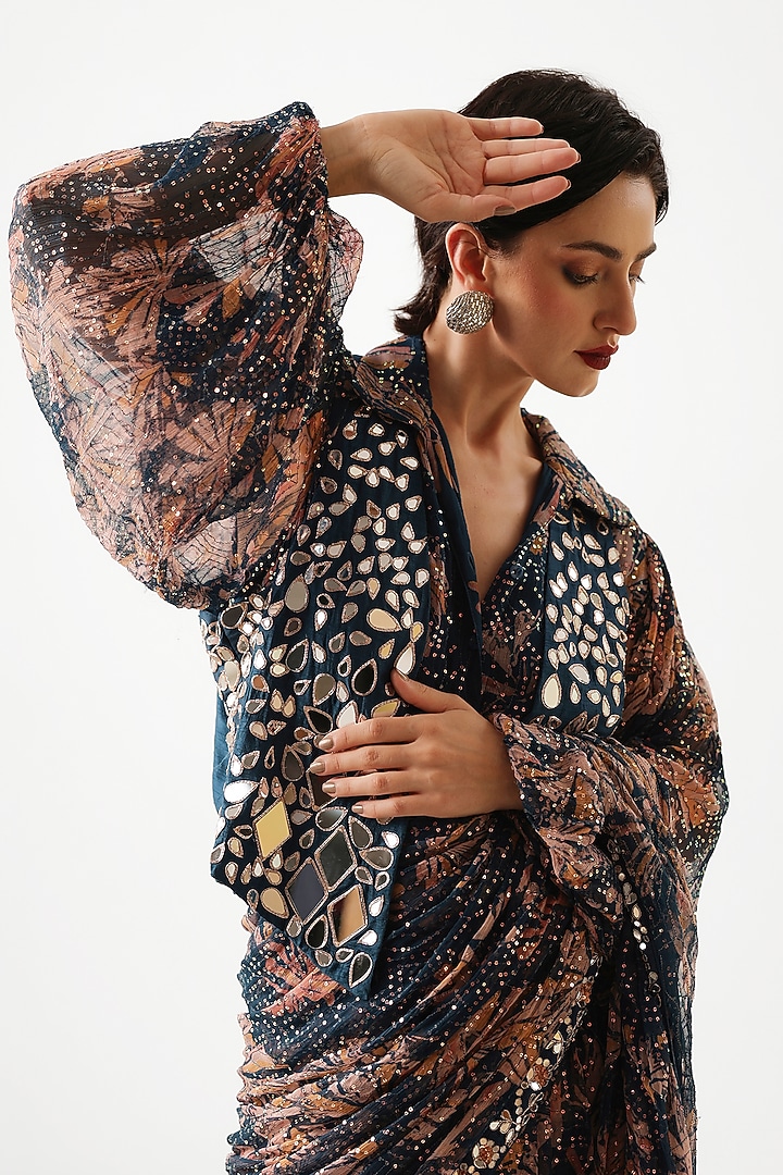 Pacific Green Chiffon Printed Pre-Pleated Wedding Saree Set by Pallavi Jaipur at Pernia's Pop Up Shop