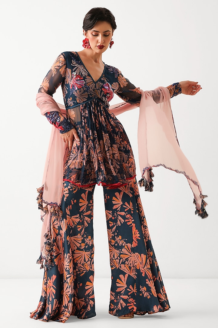 Persian Blue Chiffon Printed Party Wear Sharara Set by Pallavi Jaipur at Pernia's Pop Up Shop