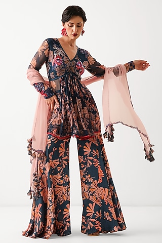 Persian Blue Chiffon Printed Sharara Set by Pallavi Jaipur