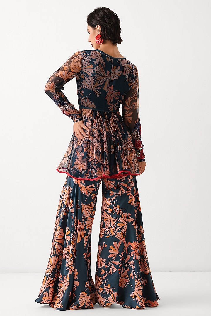 Persian Blue Chiffon Printed Wedding Sharara Set by Pallavi Jaipur at Pernia's Pop Up Shop