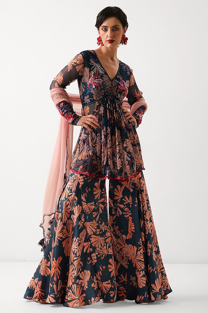 Persian Blue Chiffon Printed Wedding Sharara Set by Pallavi Jaipur at Pernia's Pop Up Shop