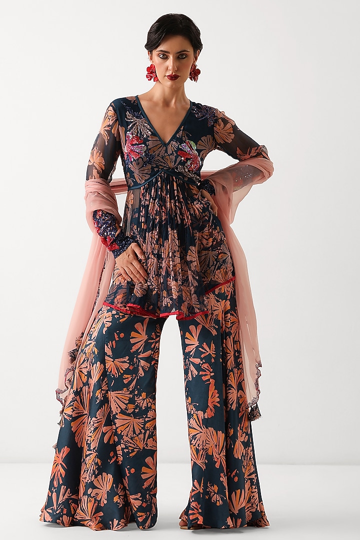Persian Blue Chiffon Printed Wedding Sharara Set by Pallavi Jaipur at Pernia's Pop Up Shop