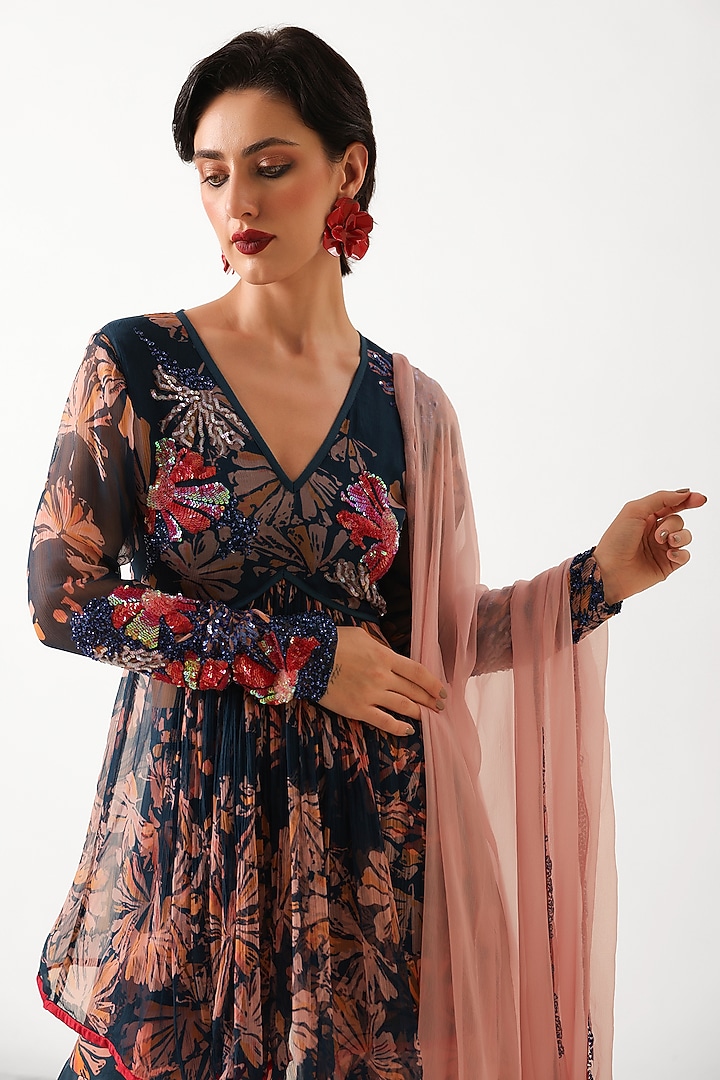 Persian Blue Chiffon Printed Wedding Sharara Set by Pallavi Jaipur at Pernia's Pop Up Shop