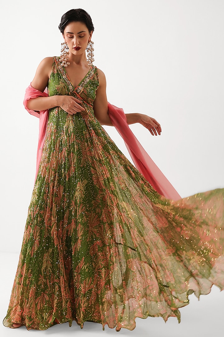 Avocado Green Chiffon Printed Wedding Anarkali Set by Pallavi Jaipur at Pernia's Pop Up Shop
