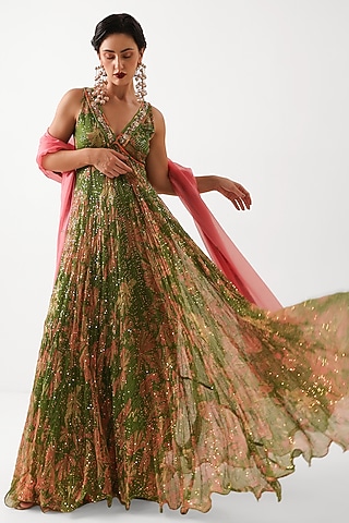 Avocado Green Chiffon Printed Anarkali Set by Pallavi Jaipur