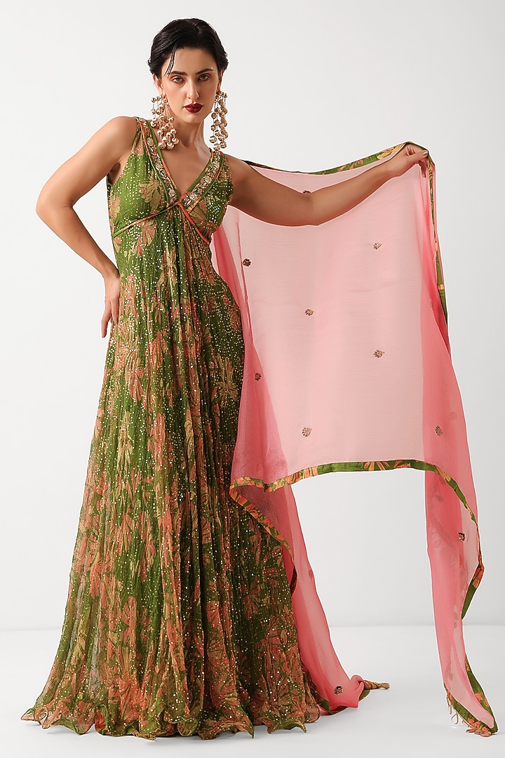 Avocado Green Chiffon Printed Wedding Anarkali Set by Pallavi Jaipur at Pernia's Pop Up Shop