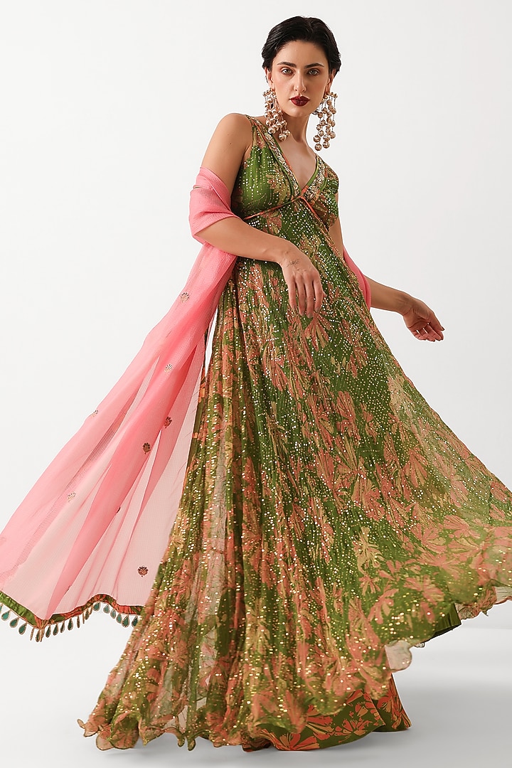Avocado Green Chiffon Printed Wedding Anarkali Set by Pallavi Jaipur at Pernia's Pop Up Shop