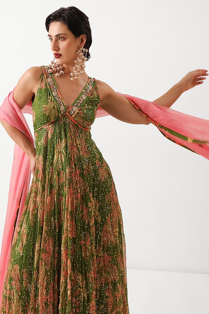 Avocado Green Chiffon Printed Wedding Anarkali Set by Pallavi Jaipur at Pernia's Pop Up Shop