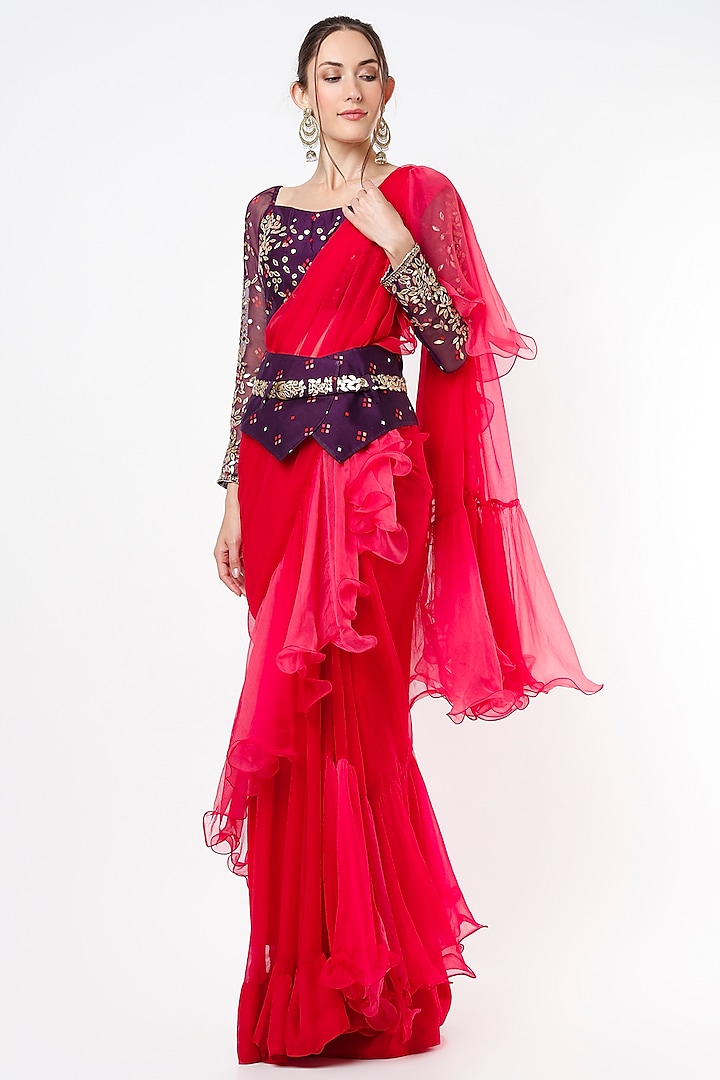 Red Ruffled Saree Set by Pallavi Jaipur at Pernia's Pop Up Shop