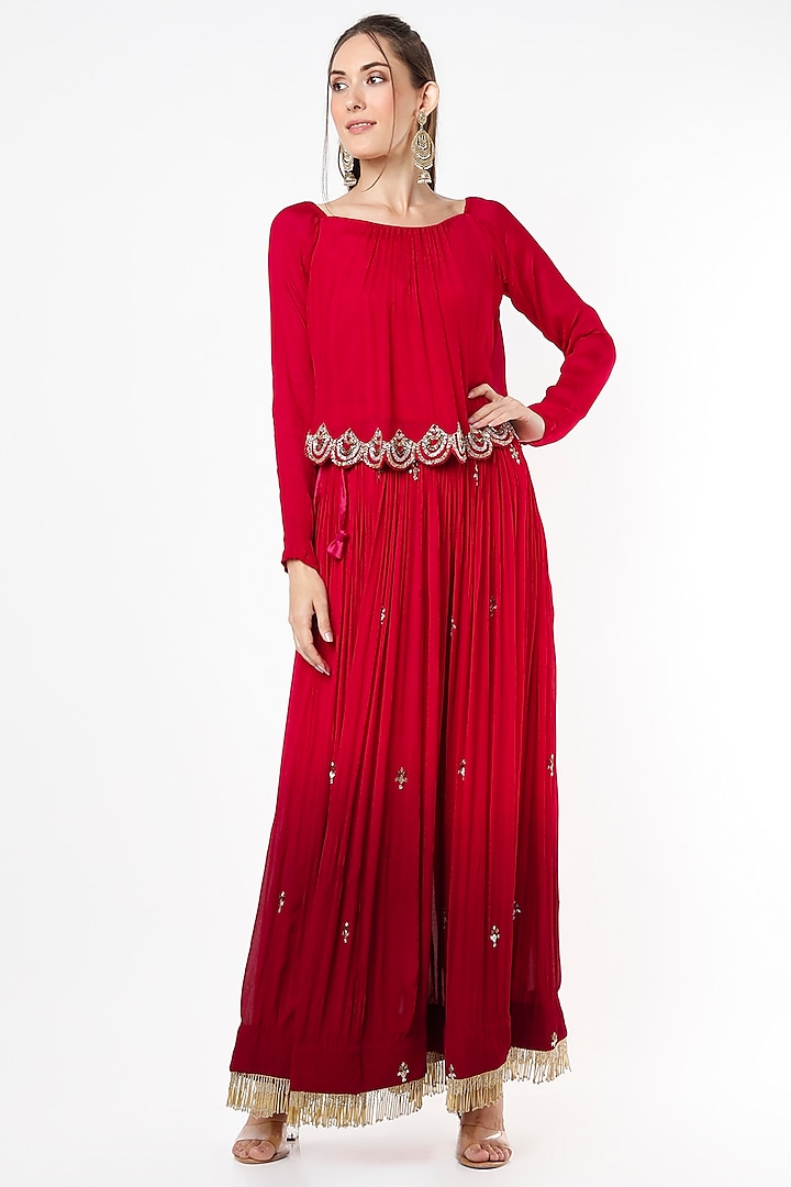 Red Embroidered Skirt Set by Pallavi Jaipur