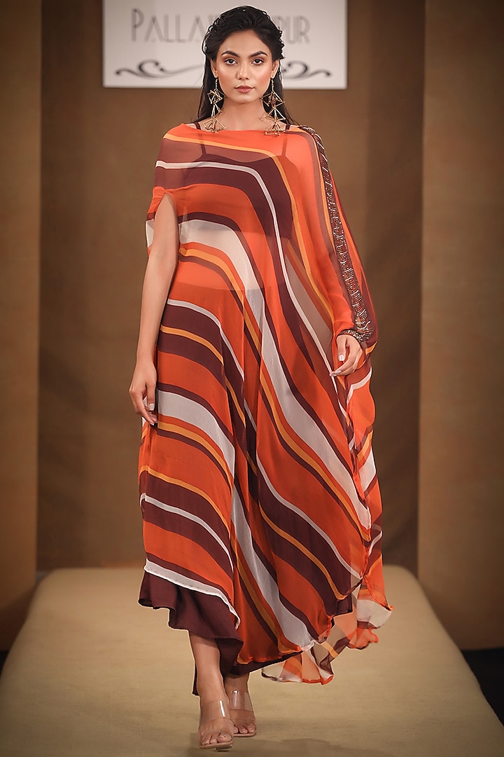 Rust Brown Striped Cape Set by Pallavi Jaipur