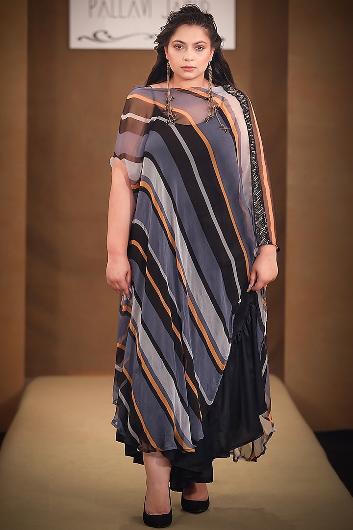 Teal Grey & Black Embroidered Cape by Pallavi Jaipur at Pernia's Pop Up Shop