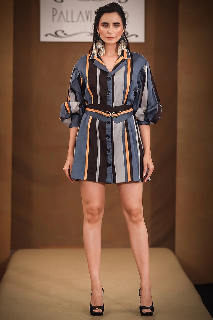 Teal Grey Printed Jacket Dress With Belt by Pallavi Jaipur at Pernia's Pop Up Shop