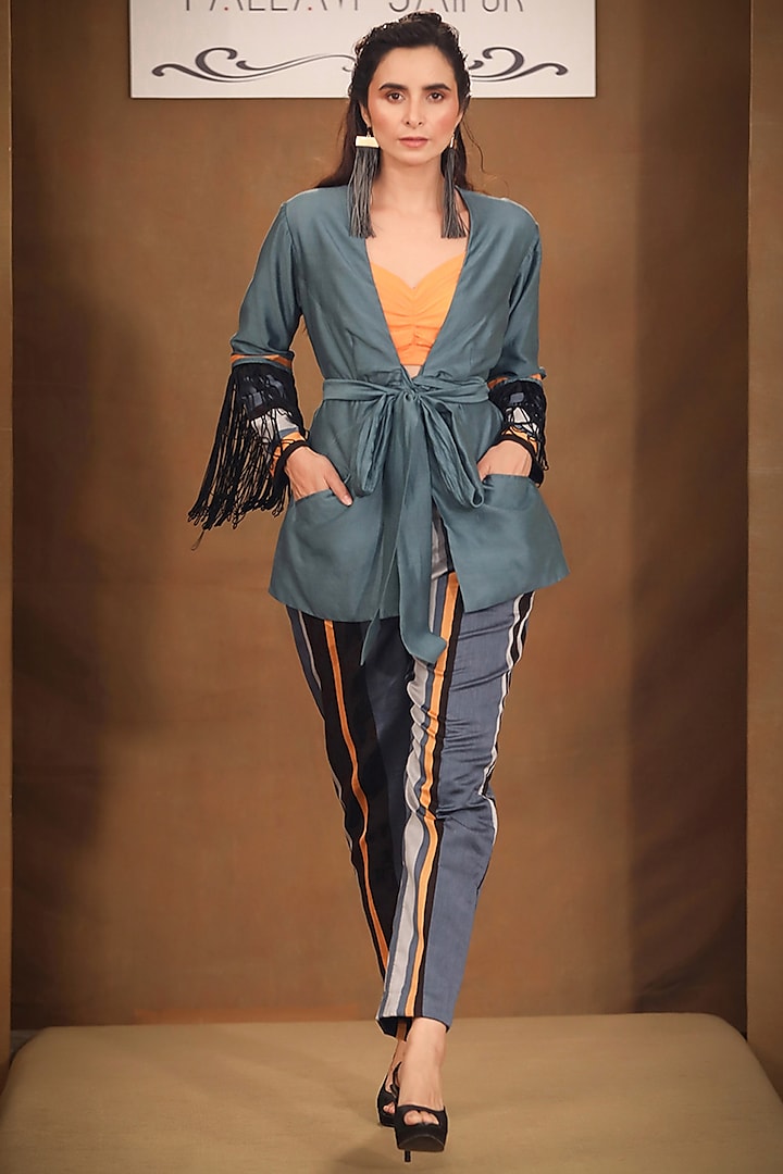 Teal Grey Chanderi Jacket Set by Pallavi Jaipur at Pernia's Pop Up Shop