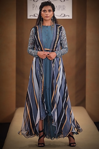 Teal Grey Printed & Embroidered Tiered Midi Dress by Pallavi Jaipur