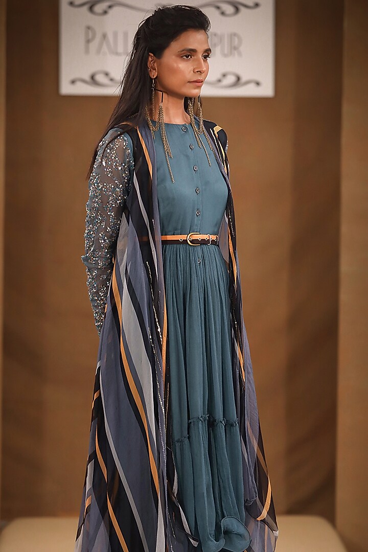 Teal Grey Printed & Embroidered Tiered Midi Vacation Dress by Pallavi Jaipur at Pernia's Pop Up Shop