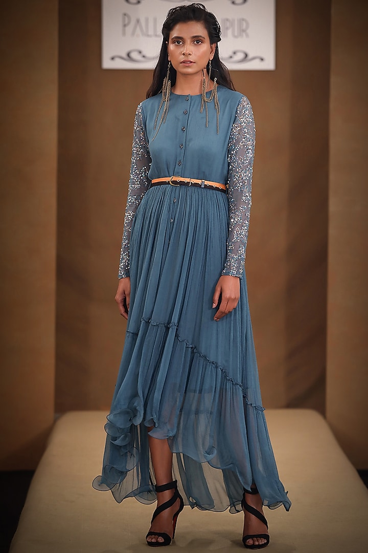 Teal Grey Embroidered Tiered Midi Dress by Pallavi Jaipur