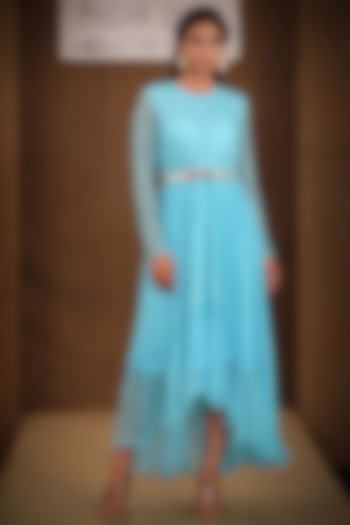 Powder Blue Embroidered Tiered Midi Dress by Pallavi Jaipur at Pernia's Pop Up Shop