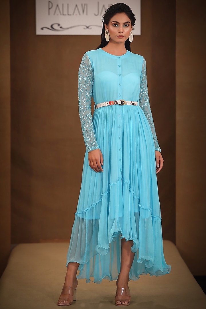 Powder Blue Embroidered Tiered Midi Dress by Pallavi Jaipur at Pernia's Pop Up Shop