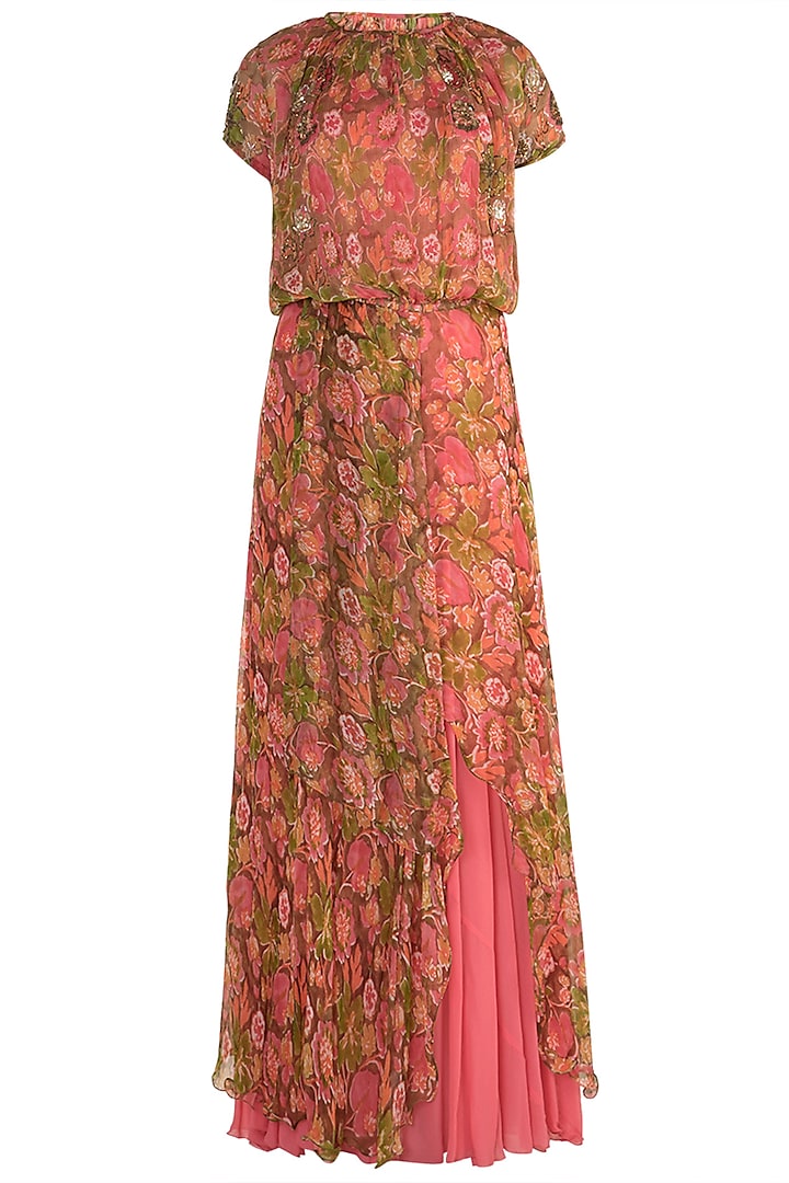 Peach Embellished Printed Maxi Dress With Inner by Pallavi Jaipur