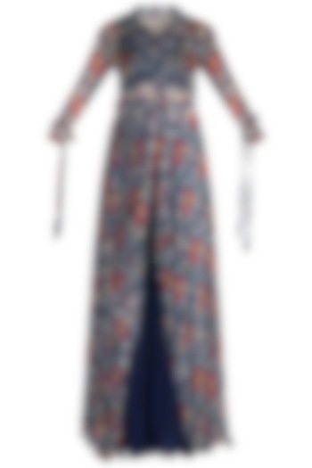 Navy Blue Embellished Printed Tunic With Party Wear Sharara Pants, Tube Top & Belt by Pallavi Jaipur at Pernia's Pop Up Shop