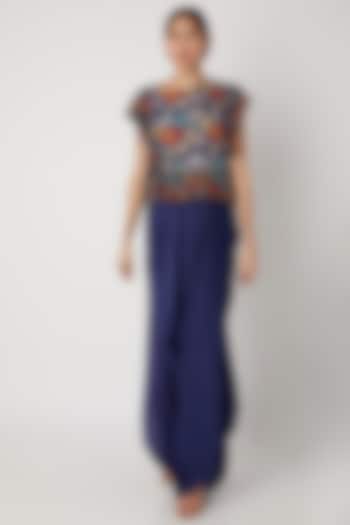 Navy Blue Printed Top With Pants by Pallavi Jaipur