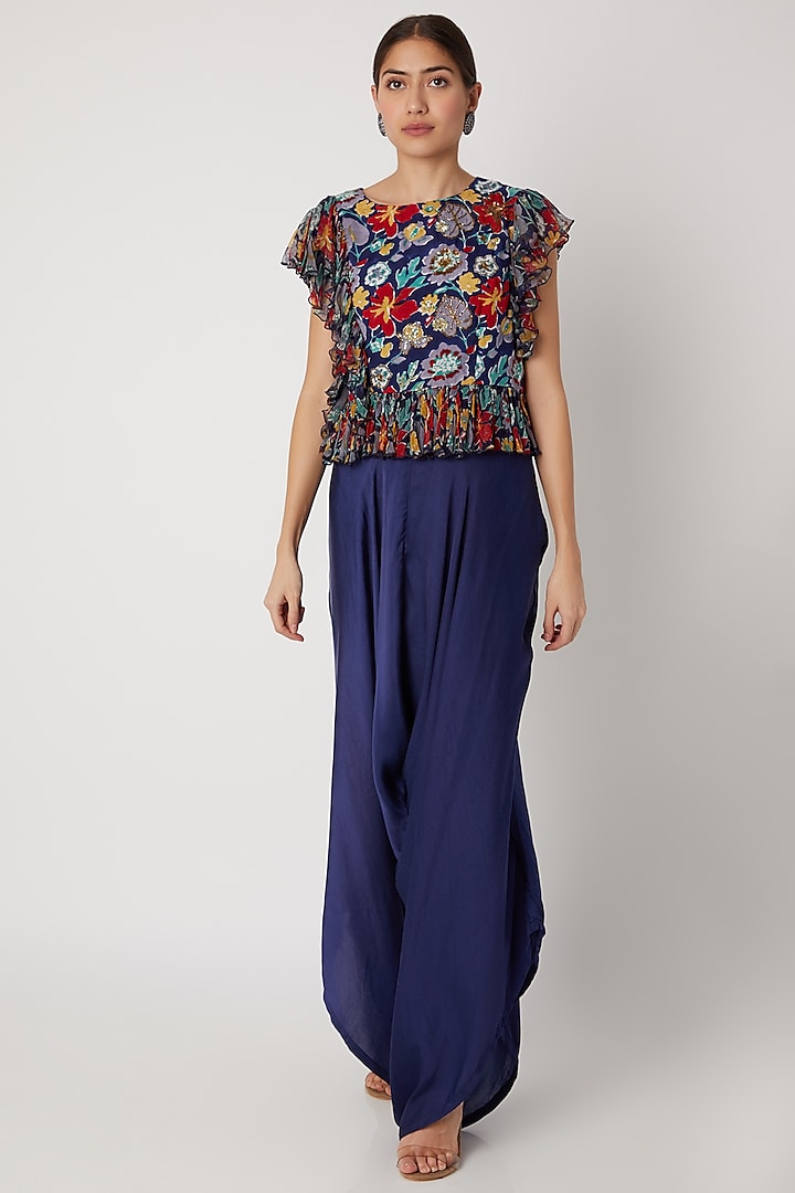 Navy Blue Printed Top With Pants by Pallavi Jaipur