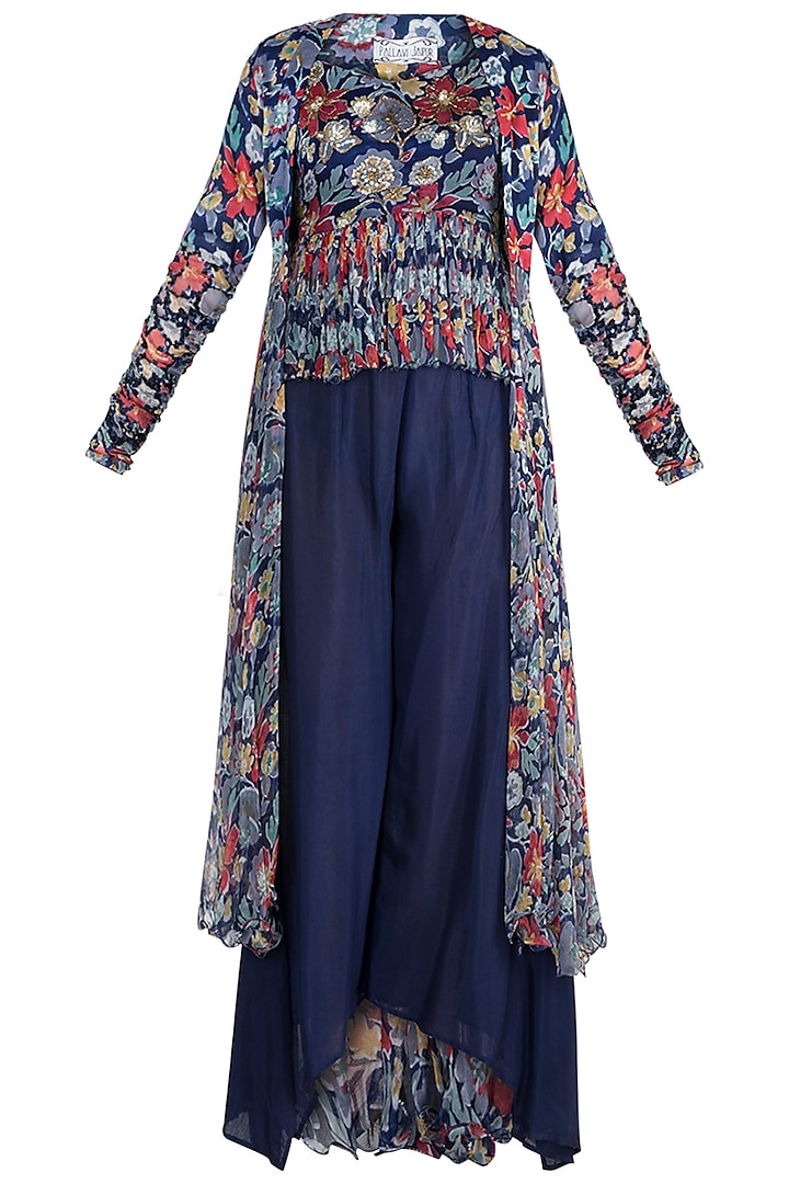 Navy Blue Embellished Printed Top With Cape & Pants by Pallavi Jaipur